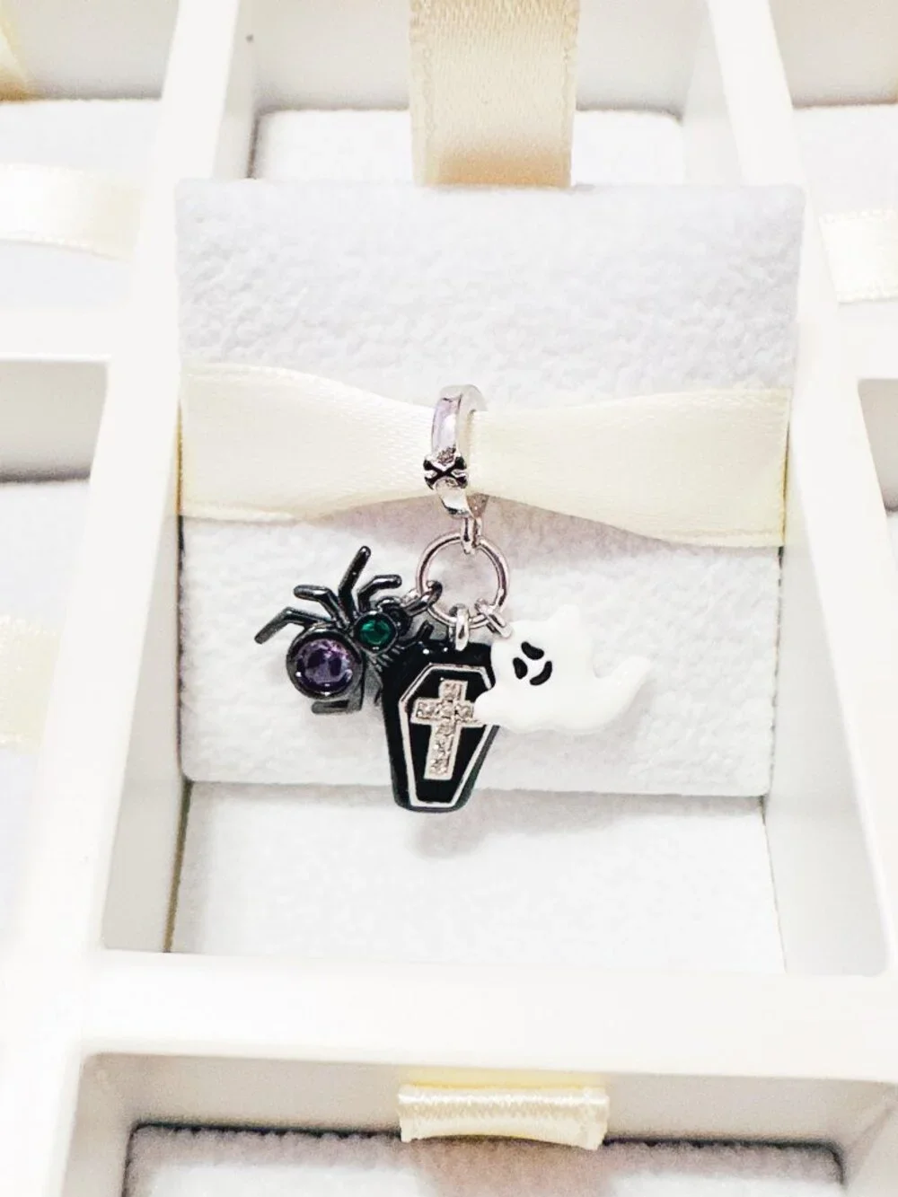 925 Sterling Silver Halloween Ghost, Spider And Coffin Dangle Charm Fits Pandora